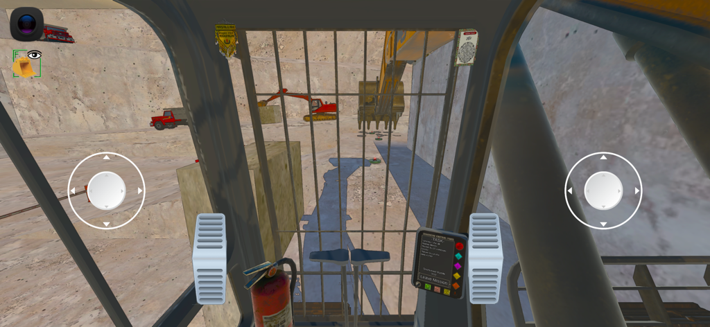 First person operator perspective from inside an excavator cab showing realistic controls and a construction site environment