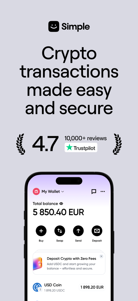 Simple crypto wallet app interface showing total balance and options to buy swap and send crypto.