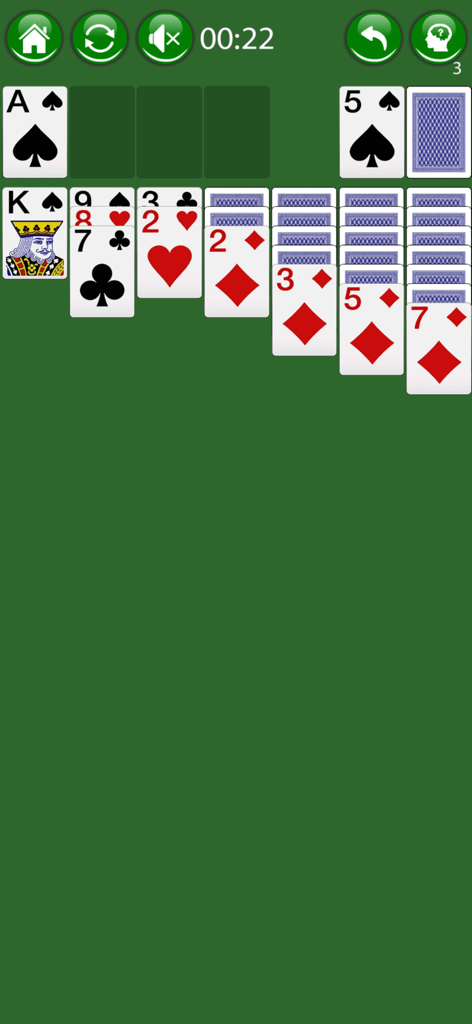 Solitaire Offline Classic Game - Classic Klondike solitaire game screen with cards arranged on a green background
