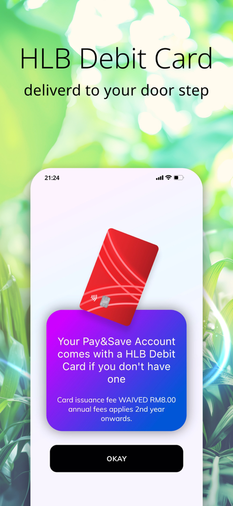 Apply@HLB app screen showing HLB Debit Card delivery to doorstep for Pay and Save accounts