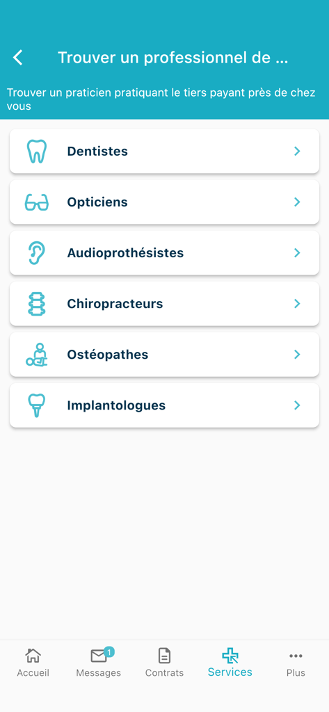 Capture d'écran de l'application PRO BTP Santé montrant les options pour trouver des professionnels de la santé comme des dentistes et des opticiens