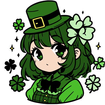 a manga-style girl with clovers around her, a little hat in her hair, like it's saint patrick's day