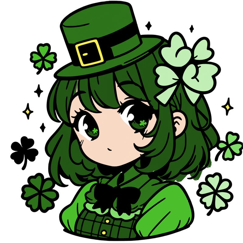 a manga-style girl with clovers around her, a little hat in her hair, like it's saint patrick's day