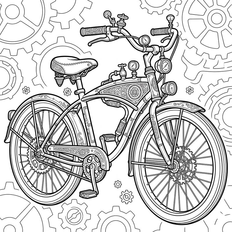 Embark on a captivating coloring journey with this unique Steampunk Cruiser Bike, blending classic comfort with intricate industrial fantasy. Discover a world of gears, gadgets, and Victorian-era charm, ready for your artistic touch.