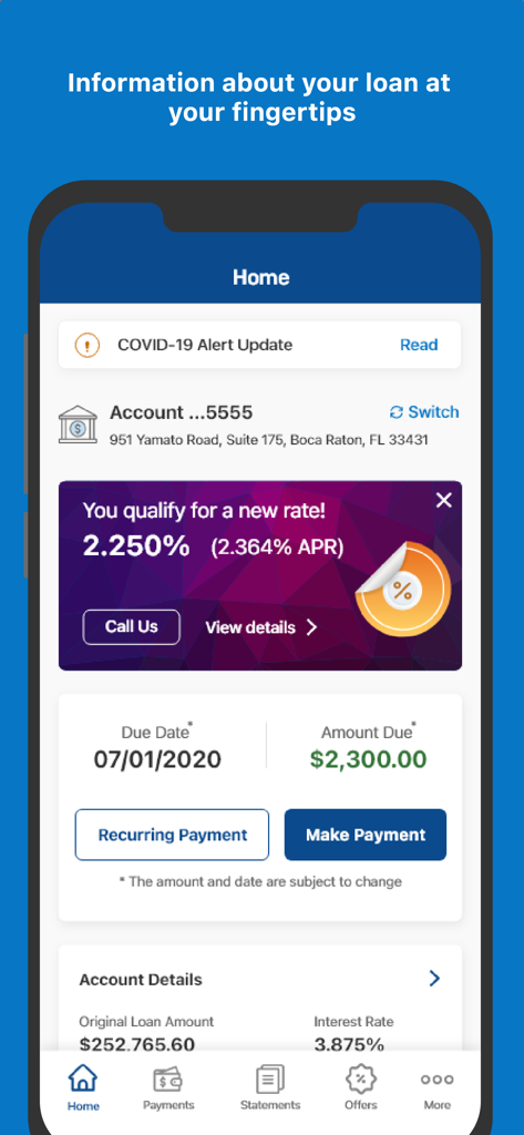 Home screen of the Freedom Mortgage app showing loan details, amount due, and a new interest rate offer.