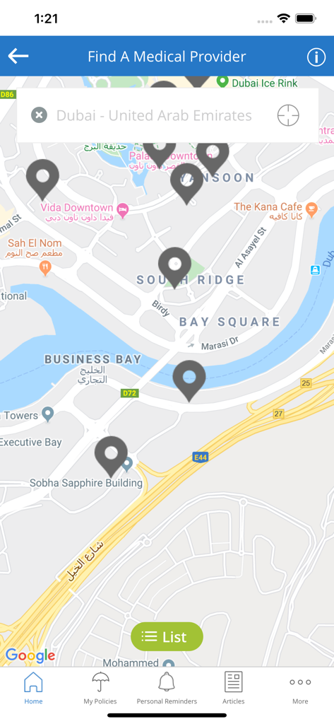 Vue cartographique montrant l'emplacement des prestataires médicaux à Dubaï sur l'interface de l'application myMetLife Gulf
