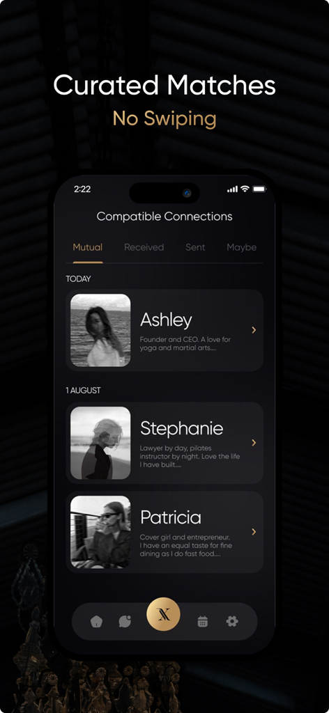 Interfaz de la aplicación Maxion que muestra parejas seleccionadas con descripciones de perfiles para expatriados de élite en Dubái.