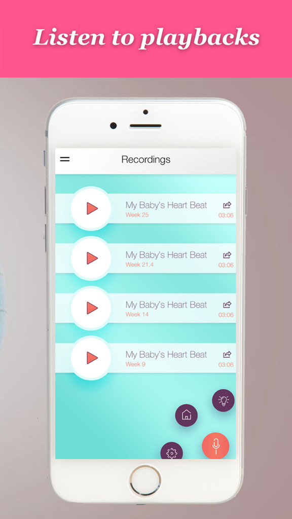 A mobile interface showing a list of saved prenatal heartbeat recordings in the My Pregnancy Beats app.