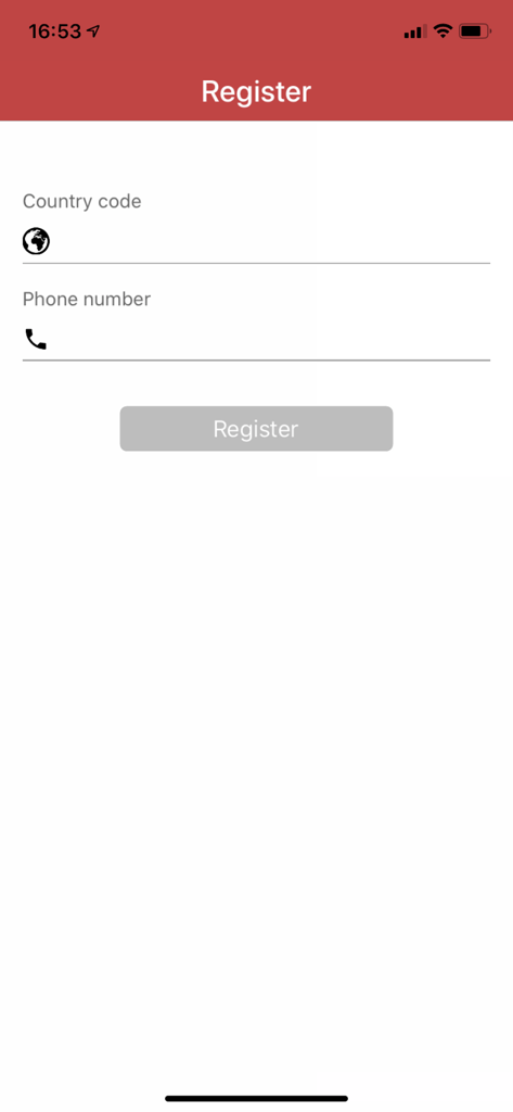 Mobile registration screen for Call and Report app showing fields for country code and phone number