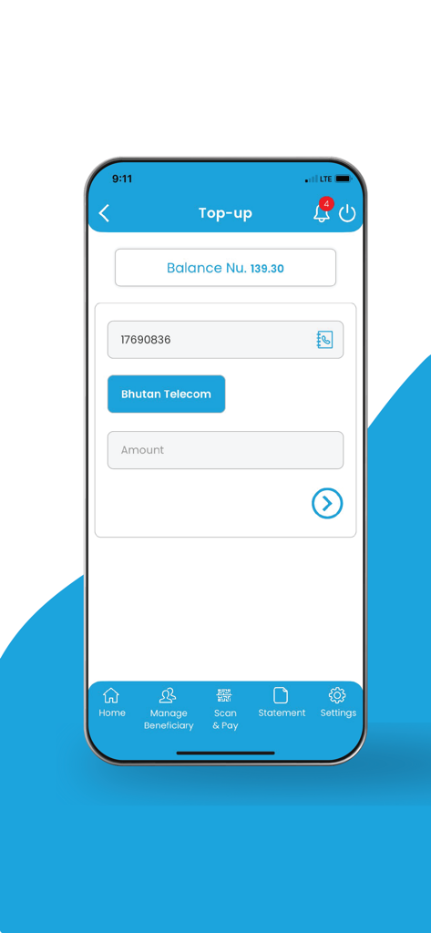goBoB - Interface of the goBoB app showing the mobile top up screen for Bhutan Telecom