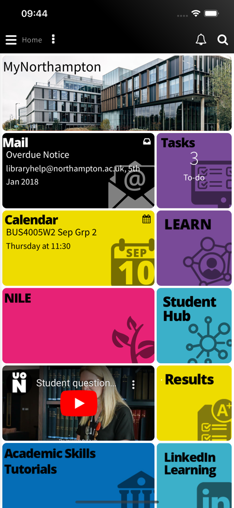 Main dashboard of the MyNorthampton app featuring colorful navigation tiles for student email, calendar, and academic services.