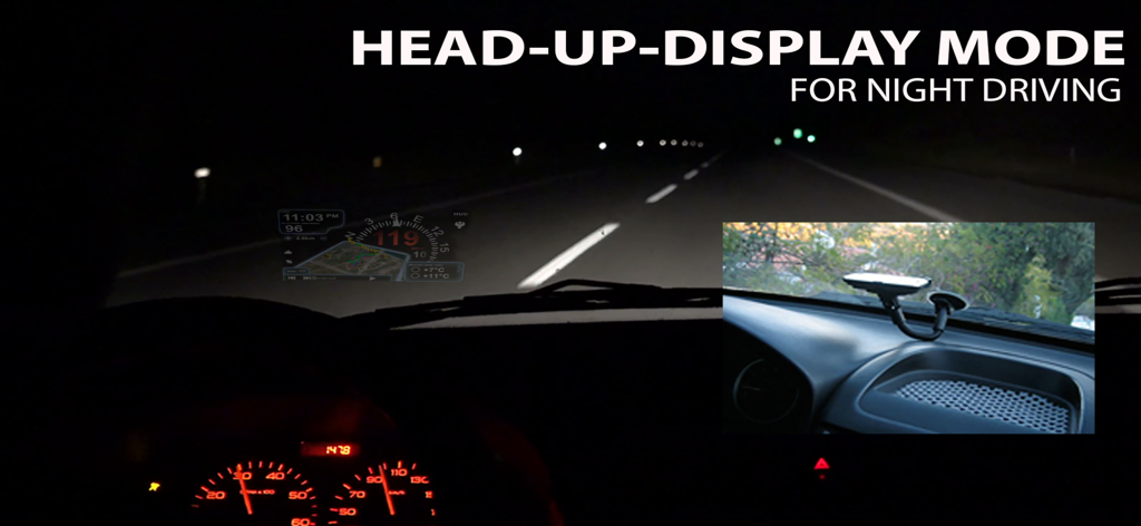 aSmart HUD 3D +SpeedCams - Interfaz de la aplicación aSmart HUD 3D reflejada en el parabrisas de un coche en modo de visualización frontal durante la conducción nocturna