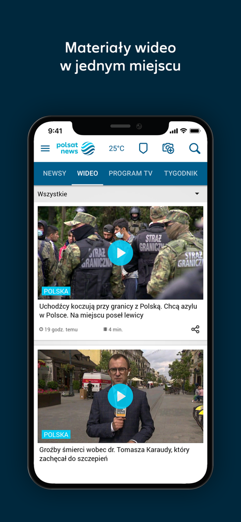 Polsat News - Polsat News mobile app interface showing a list of news video reports from Poland in the dedicated video section.