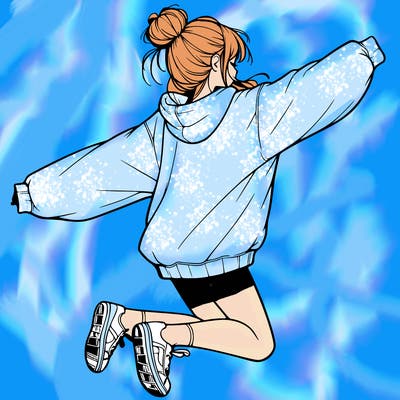 realistic girl jumping with a bun and oversized sweatshirt