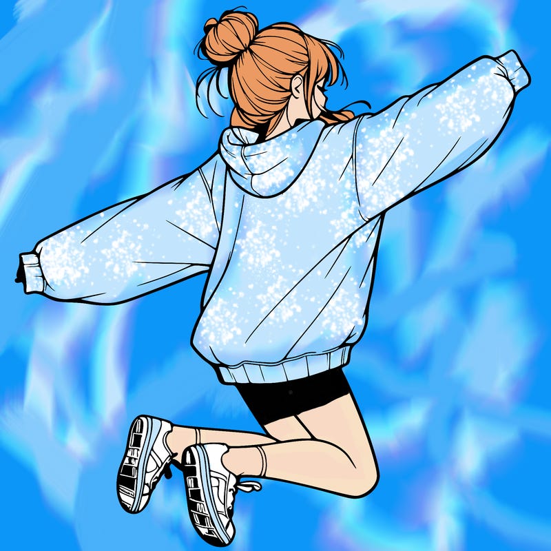 realistic girl jumping with a bun and oversized sweatshirt