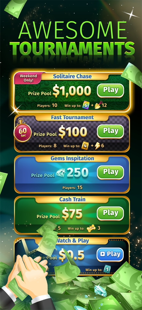 Solitaire Stash: Win Real Cash - 75달러에서 1000달러까지 현금 상금 풀이 있는 다양한 토너먼트 옵션을 보여주는 솔리테어 스태시 게임 화면