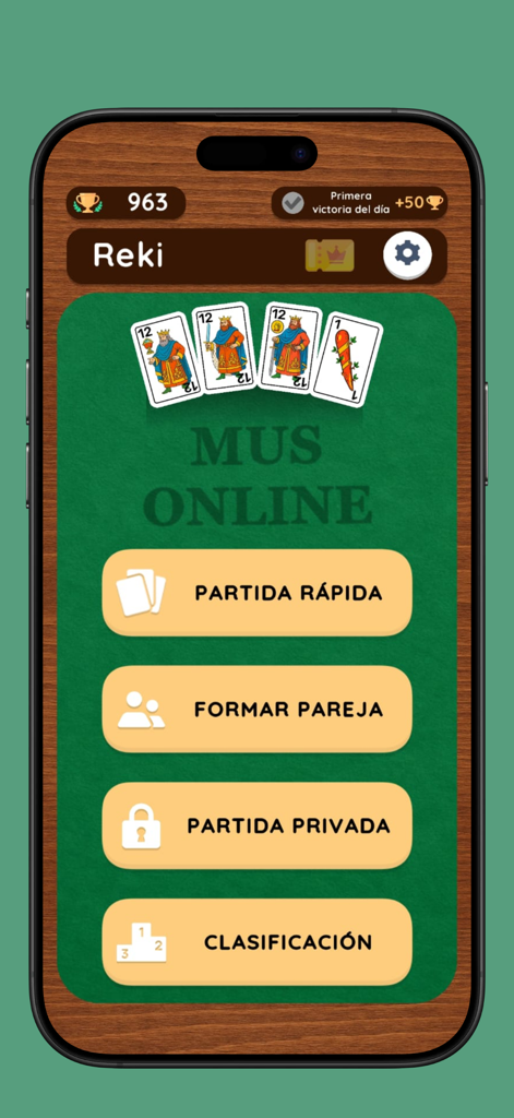 Mus Online - Pantalla del menú principal de la aplicación de juego de cartas Mus Online mostrando modos de juego y cartas españolas