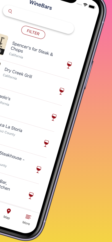 Captura de pantalla de la app WineMaps mostrando una lista de bares de vino en California con opciones de búsqueda y filtro
