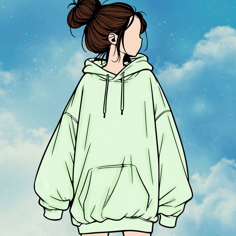 realistic girl with a oversized sweatshirt on and a bun