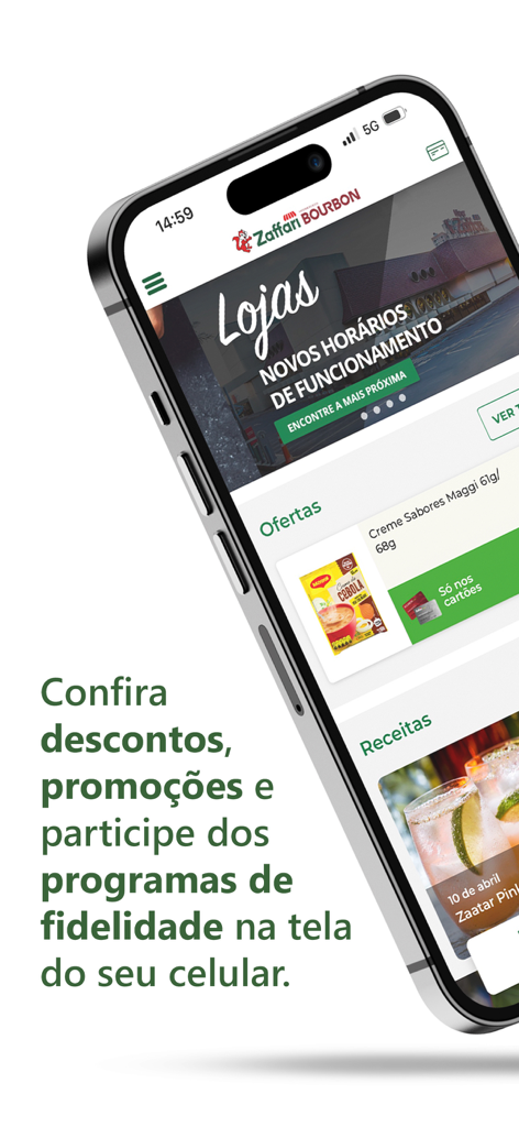 Cartões Zaffari Bourbon Cestto - Smartphone displaying the Zaffari Bourbon app interface featuring store offers and loyalty program details