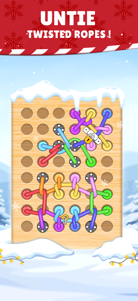 Pantalla del juego Woody Untangle Rope 3D que muestra cuerdas enredadas de colores en un tablero de madera con un fondo invernal.