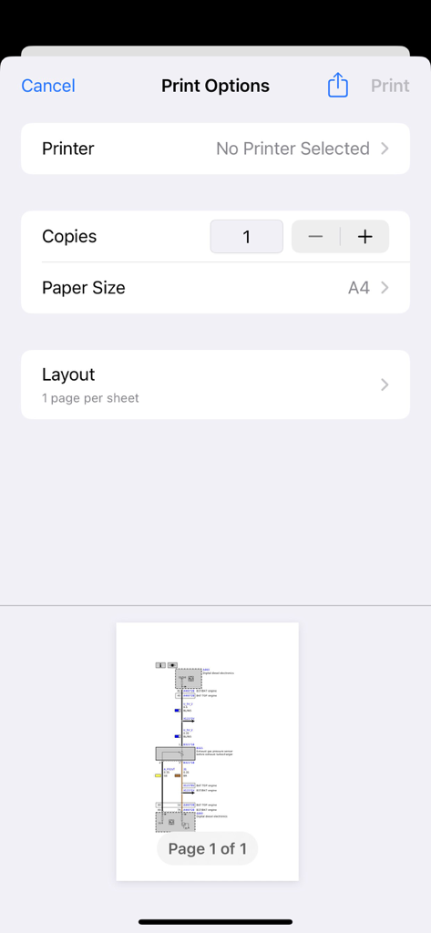 Bimma EWD - Wiring Diagrams - Print options menu in the Bimma EWD app showing settings for copies and paper size for a BMW wiring diagram schematic.