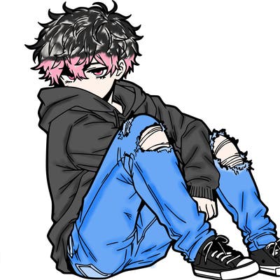 a male hoddie ripped jeans messy hair anime