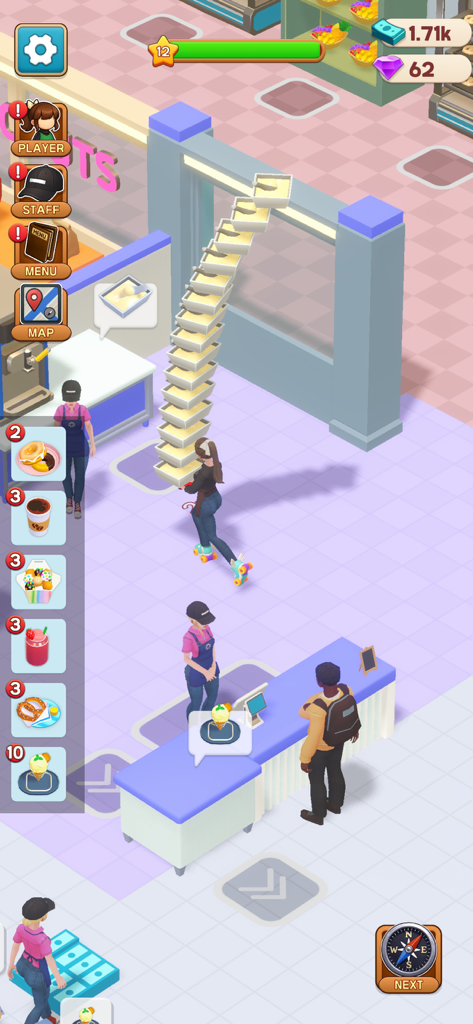 A character on roller skates carrying a tall stack of food trays in a cafe simulation game