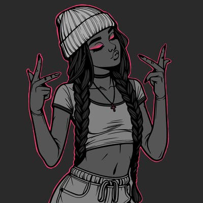 realistic teenage girl with braids and a beanie and crop top doing 🫶🏼