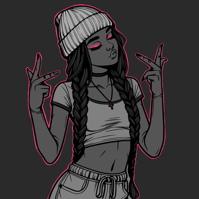 realistic teenage girl with braids and a beanie and crop top doing 🫶🏼