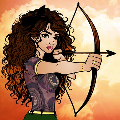 a woman with curly and messy hair using a bow to shoot arrow realistic