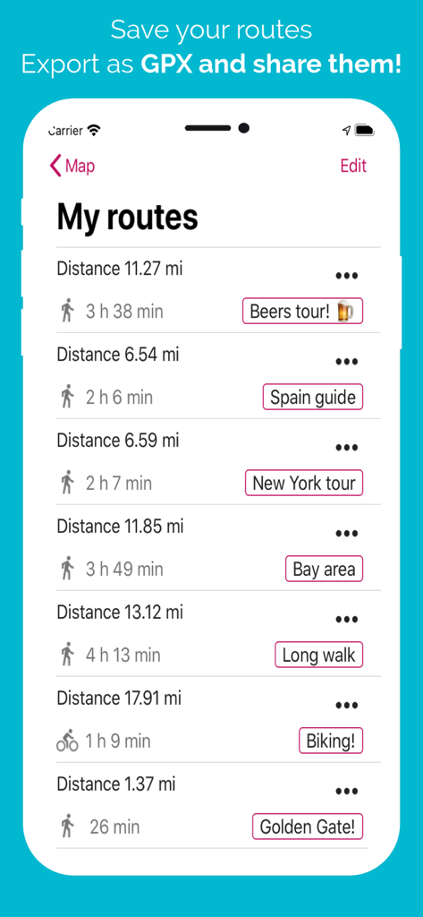 Just Draw It! Route planner - Saved routes list in the Just Draw It app showing distance and time for various activities