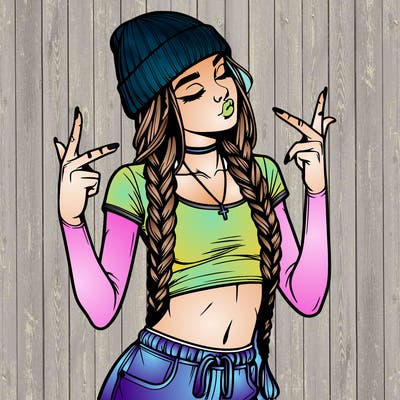realistic teenage girl with braids and a beanie and crop top doing 🫶🏼