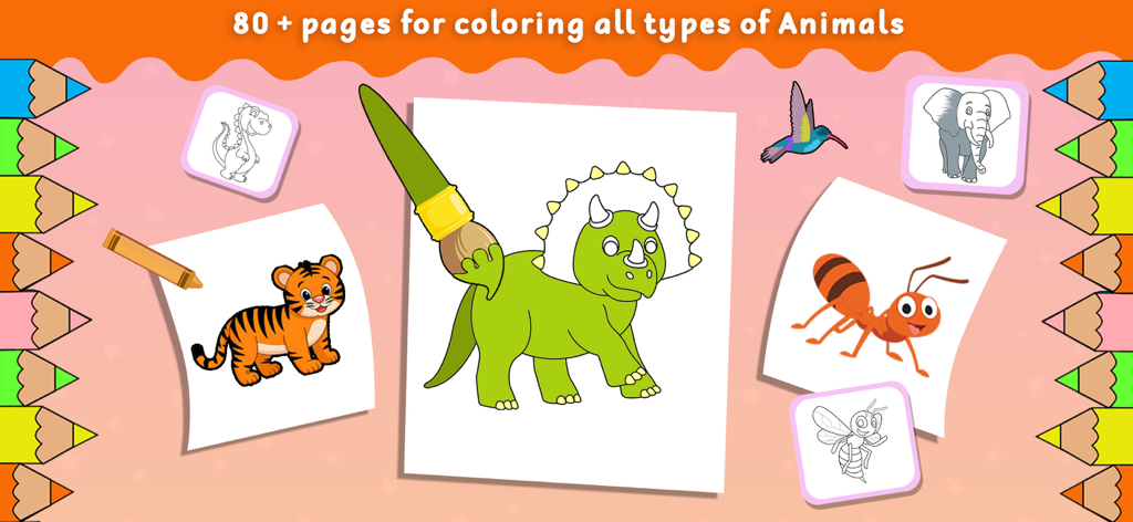 Animal Coloring Games for Kids - Interfaz de la aplicación Juegos de Colorear Animales para Niños con un triceratops siendo pintado de verde junto a un tigre y una hormiga