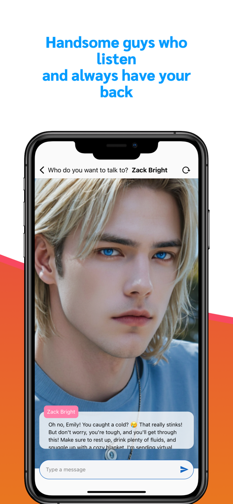 AI Boyfriend:Love Chat Partner - ハンサムなAI男性キャラクター、ザック・ブライトが感情的なサポートを提供しているチャットインターフェース