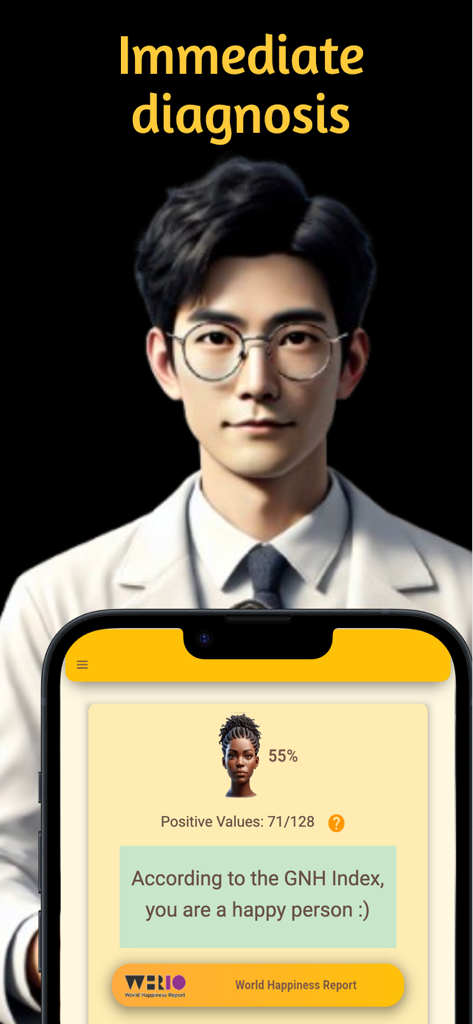 Happiness Test. - Interfaz de la aplicación Test de Felicidad mostrando una puntuación del Índice FNB y un diagnóstico del resultado