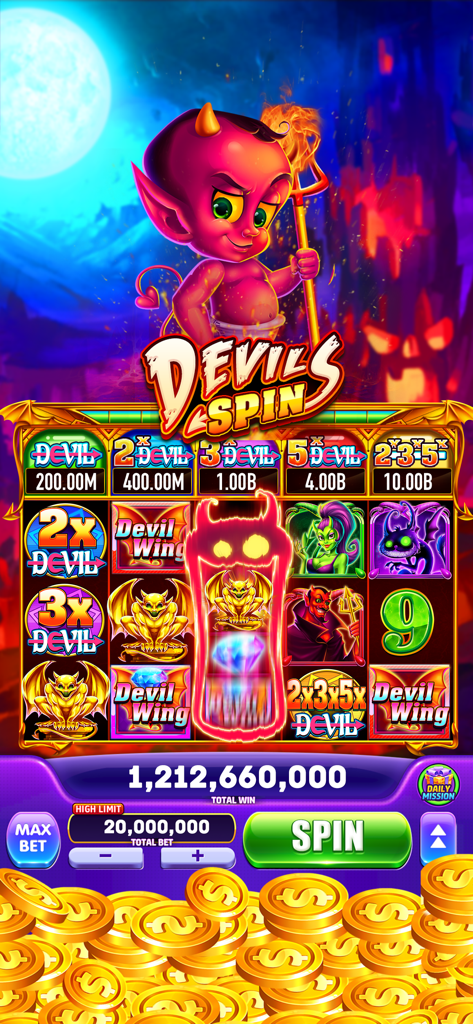 Jackpot Winner Casino Slots - Vertical screen of Devils Spin slot machine in Jackpot Winner Casino Slots showing a billion coin jackpot and gold coins