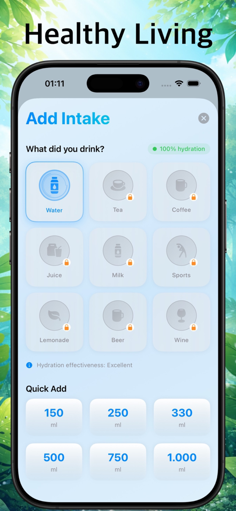 Interface of WaterUp app showing various drink icons like water tea and coffee to track hydration intake