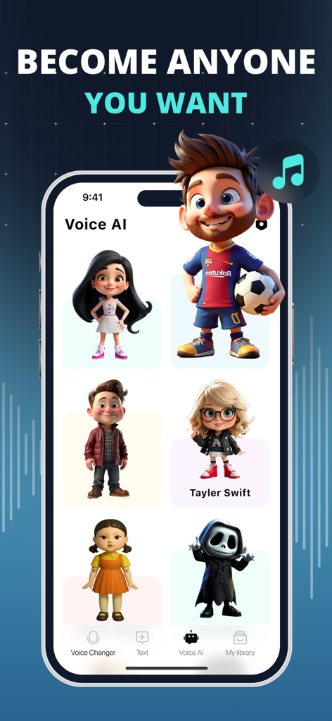 AI Voice Changer・Sound Effects - Interfaz de la aplicación AI Voice Changer mostrando avatares de dibujos animados para varias opciones de voces de celebridades y personajes