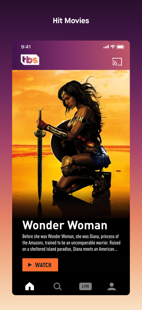 Watch TBS app interface showing the movie Wonder Woman under the Hit Movies category with a watch button