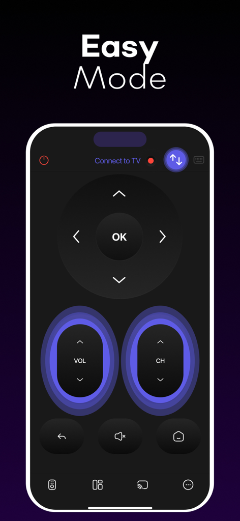 UniRemote: Smart TV Control - UniRemote smart TV control app showing the easy mode interface with large buttons