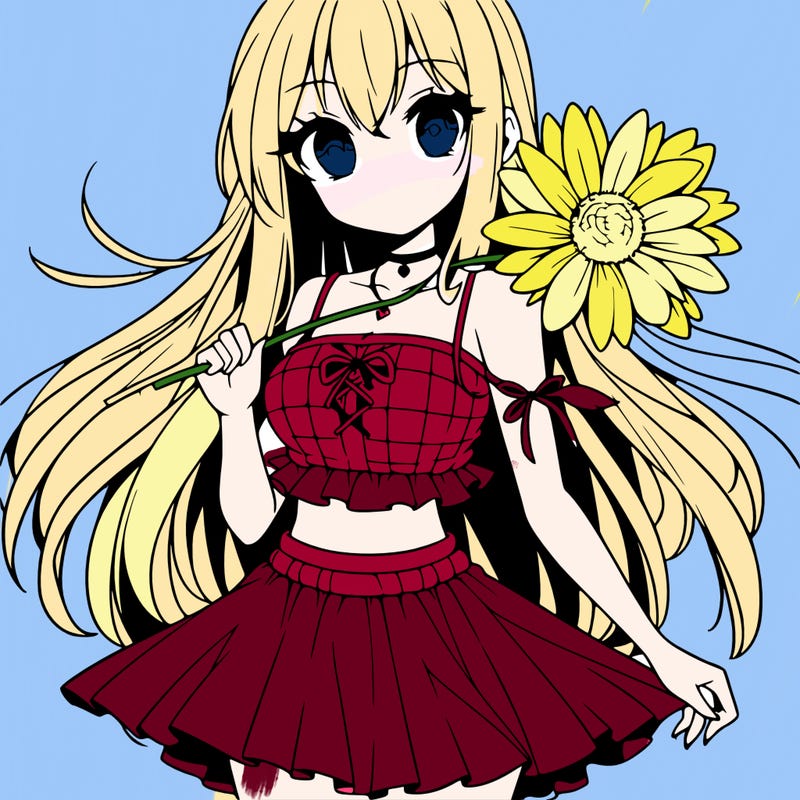 anime girl holding a flower wearing a skirt and crop top