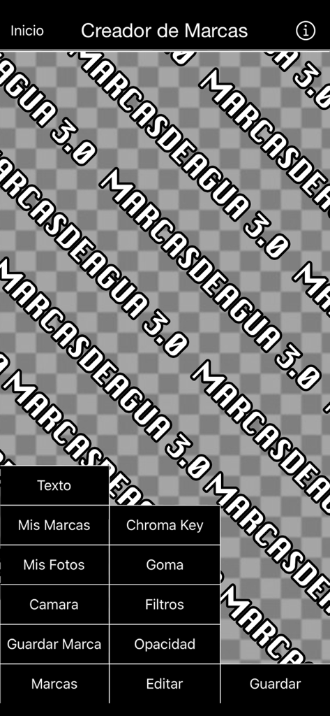 Interfaz de aplicación móvil para crear marcas de agua personalizadas con un menú de herramientas de edición y una vista previa de texto