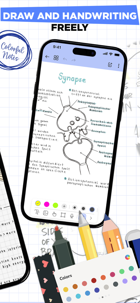 Notes: Note taking & writing - Una interfaz de aplicación móvil que muestra un diagrama de sinapsis dibujado a mano y notas escritas a mano con herramientas de dibujo