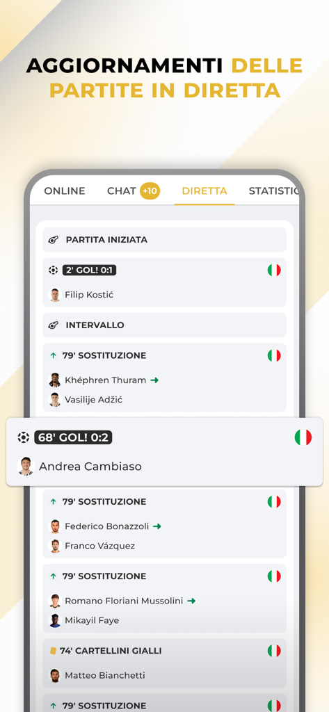 Actualizaciones de partidos en vivo y notificaciones de goles en la aplicación móvil Bianconeri Live para fans de la Juventus