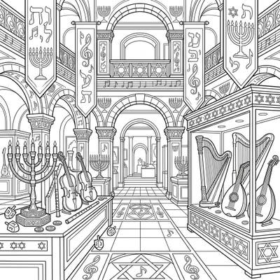 Step into a grand Music Museum beautifully decorated for Hanukkah with this unique coloring page. Discover a harmonious blend of musical instruments and traditional Jewish symbols, ready for your creative touch.