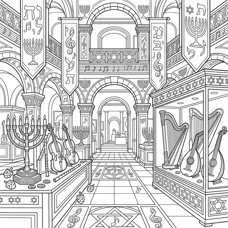 Step into a grand Music Museum beautifully decorated for Hanukkah with this unique coloring page. Discover a harmonious blend of musical instruments and traditional Jewish symbols, ready for your creative touch.