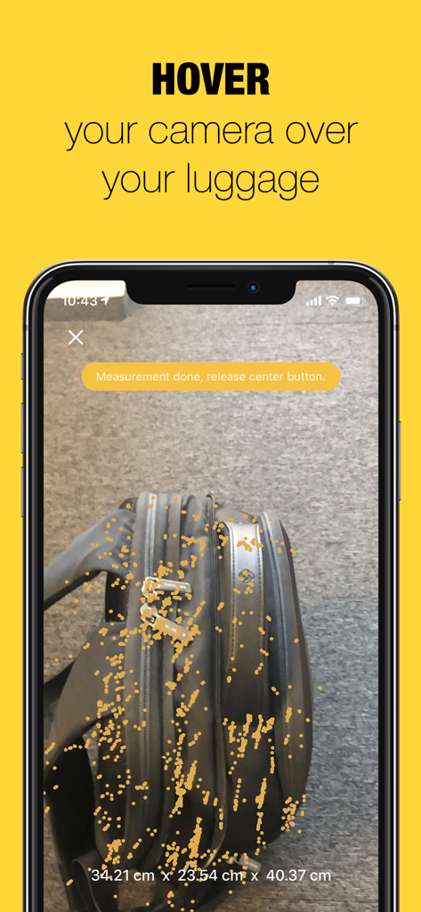 Écran de smartphone utilisant la réalité augmentée pour mesurer la taille d'un sac à dos