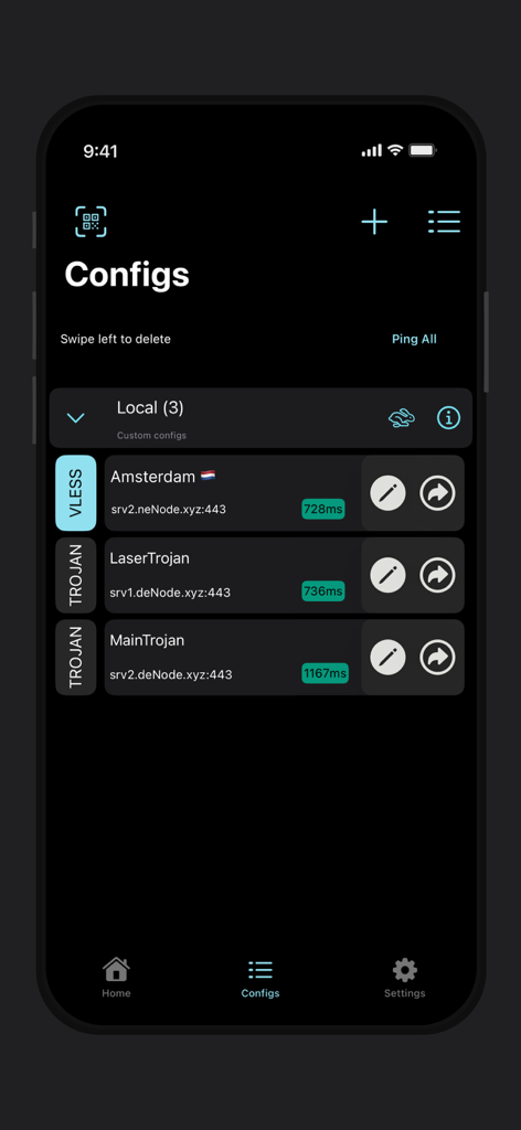 V2Box app screen displaying a list of proxy server configurations and their ping times