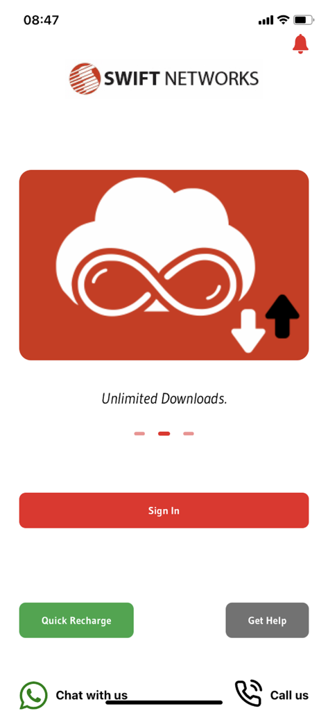 MySWIFTApp Willkommensbildschirm mit Anmelde- und Schnellauflade-Schaltflächen